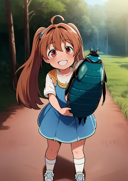 masterpiece, ultra high quality cg, perfect image, estelle, blue dress, blue skirt, red sneakers, red eyes, child, band-aid  <lora:estelleBrightTrailsIn_v1:0.9> ,  smiling, ((holding giant beetle towards)), forest background, thrusting outward