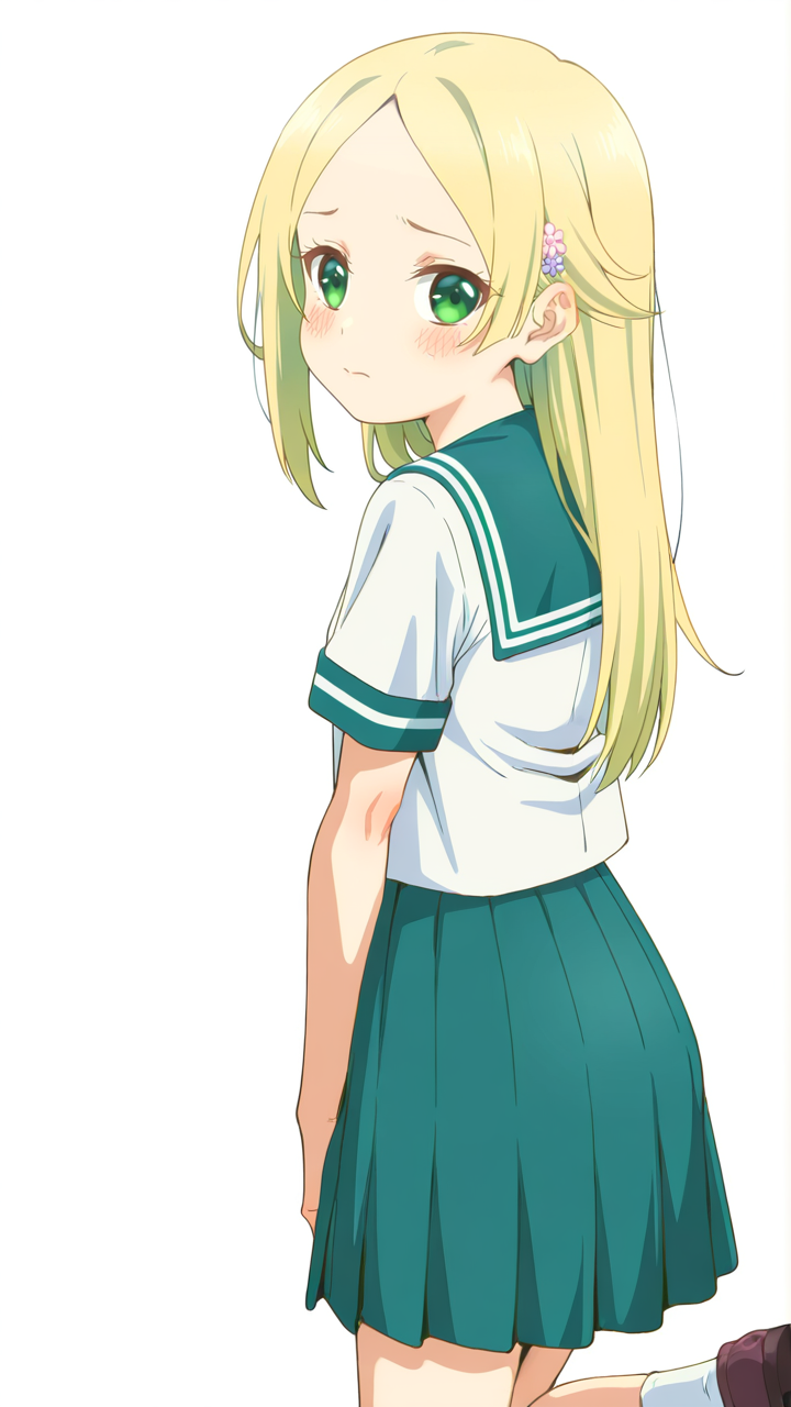 white_background,simple background,1girl,solo,full_shot,looking_at_viewer,blush,anime screenshot,sincos,<lora:Matsugasaki_Karen_Illustrious_v2:1>,Matsugasaki Karen,shy,school uniform,serafuku,short sleeves,white socks,skirt,brown footwear,shoes,socks,pleated skirt,from_back,looking_back,hair ornament,, masterpiece, best quality