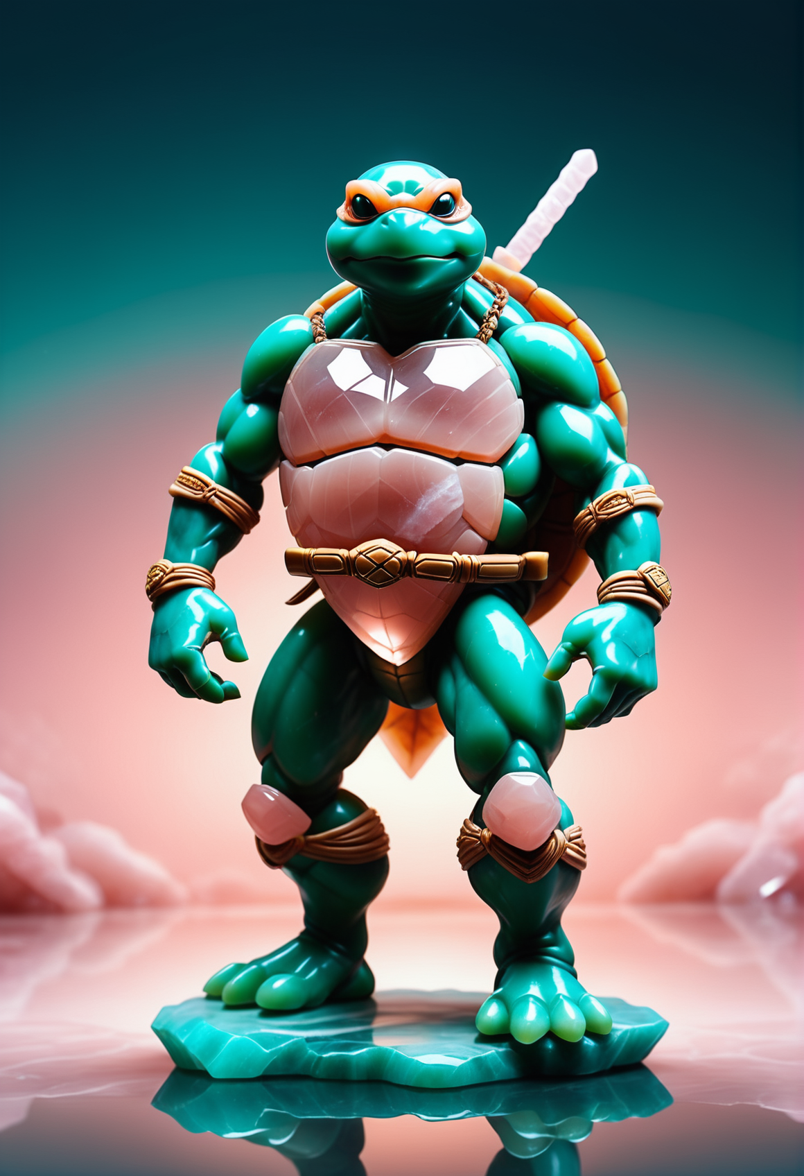 a ninja turtle made out of reij-rsqrtzjd <lora:rosequartzjade-000007:1>,(((masterpiece))) , (((best quality))) , simple background, Simple and clean, Satisfying, Animecore, studio lighting, orange color grading, theatrical, holy, vibrant, atmosphere, luxurious, dynamic dramatic composition digital manipulation, flowing, highly decorated, intense, ambient atmosphere, stunning
