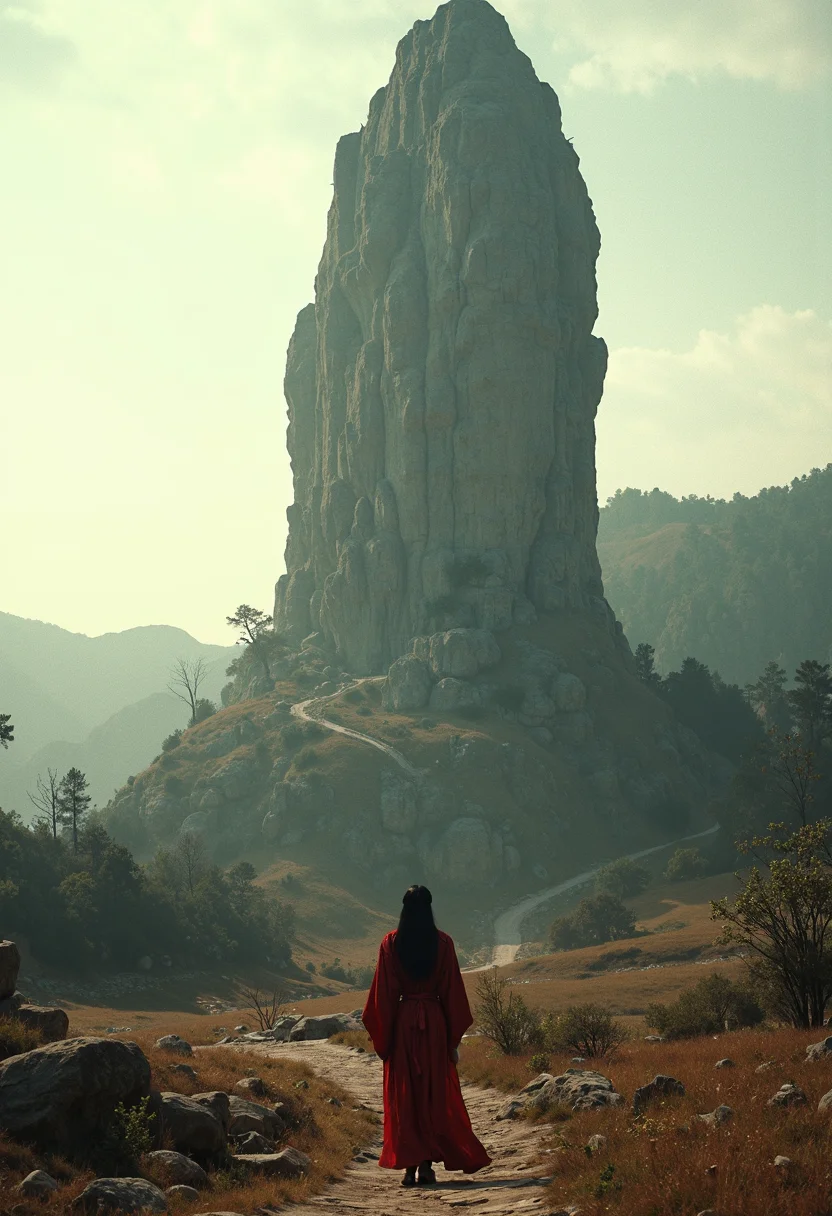 A cinematic movie still shot on location in the rugged, sweeping landscapes of Northern China. A colossal stone statue rises from the rolling hills and sparse forests, its weathered surface a deep, earthy gray. Amidst this timeless scenery stands a lone woman, her eyes fixed upon the ancient monolith with an air of contemplation and reverence. The woman wears a traditional Chinese garment in somber red hues, echoing the warm tones of sunset on these windswept plains. As if time has slowed to a crawl, high-speed sync allows for a dreamlike, near-frozen image. Though the camera captures this moment of introspection with precision and clarity, an air of mystique lingers, blending traditional essence with modern sensibilities reminiscent of Unreal Engine 5's hyper-realistic visuals