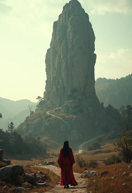 A cinematic movie still shot on location in the rugged, sweeping landscapes of Northern China. A colossal stone statue rises from the rolling hills and sparse forests, its weathered surface a deep, earthy gray. Amidst this timeless scenery stands a lone woman, her eyes fixed upon the ancient monolith with an air of contemplation and reverence. The woman wears a traditional Chinese garment in somber red hues, echoing the warm tones of sunset on these windswept plains. As if time has slowed to a crawl, high-speed sync allows for a dreamlike, near-frozen image. Though the camera captures this moment of introspection with precision and clarity, an air of mystique lingers, blending traditional essence with modern sensibilities reminiscent of Unreal Engine 5's hyper-realistic visuals