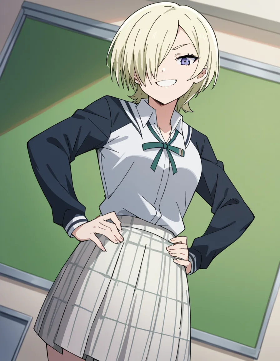 score_9, score_8_up, score_7_up, source_anime, <lora:mia-taylor-s2-ponyxl-lora-nochekaiser:1>, mia taylor, short hair, blonde hair, purple eyes, hair over one eye,, skirt, shirt, ribbon, school uniform, collared shirt, plaid, black shirt, neck ribbon, plaid skirt, white skirt, jacket, checkered skirt, nijigasaki academy school uniform,, indoors, smug, smile, looking at viewer, solo, hands on hips,, cowboy shot, dutch angle