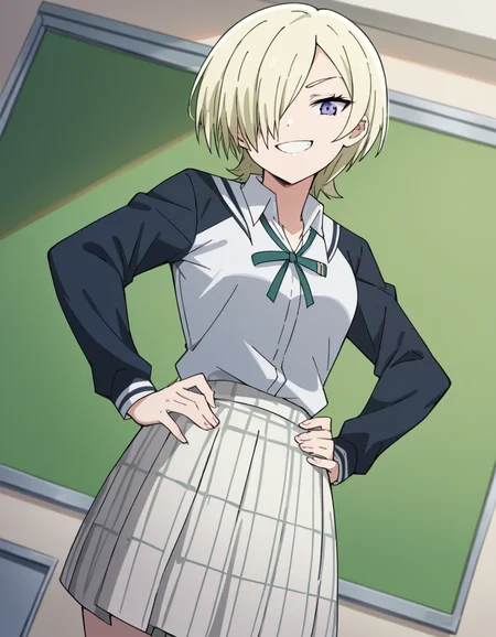 score_9, score_8_up, score_7_up, source_anime, <lora:mia-taylor-s2-ponyxl-lora-nochekaiser:1>, mia taylor, short hair, blonde hair, purple eyes, hair over one eye,, skirt, shirt, ribbon, school uniform, collared shirt, plaid, black shirt, neck ribbon, plaid skirt, white skirt, jacket, checkered skirt, nijigasaki academy school uniform,, indoors, smug, smile, looking at viewer, solo, hands on hips,, cowboy shot, dutch angle