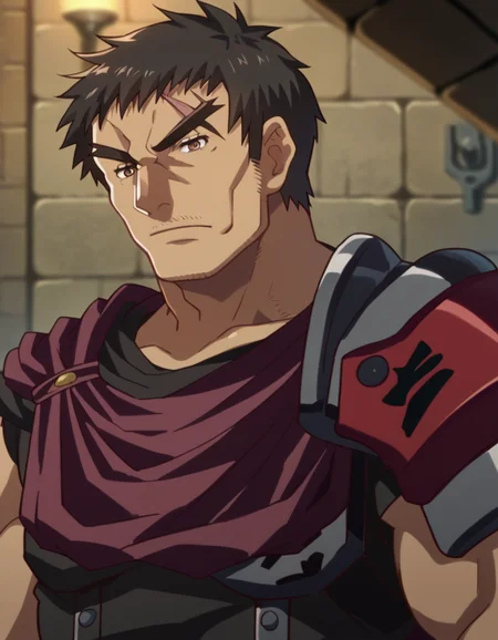 score_9, score_8_up, score_7_up, source_anime,
kuroinuvolt, <lora:kuroinu-volt-ova-ponyxl-lora-nochekaiser:1>,
volt, short hair, black hair, male focus, muscular, scar, thick eyebrows, muscular male, brown eyes,
cape, armor, shoulder armor, pauldrons,
indoors, dungeon,
looking at viewer, portrait,