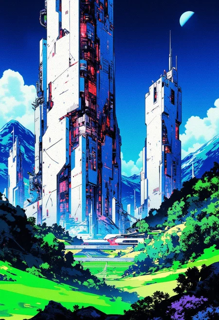 Inkpunk Anime, blue and white theme, Abstract digital painting in the style of ck-js, detailed photorealistic image, a sci-fi cityscape of colossal buildings and towers in a green lush landscape, situated in a green valley bounded by mountain slopes, white ceramic surfaces with high-end circuitry, red glowing diodes and lights, large depth of field. The sky is a dark blue, with a moon hanging low in the horizon