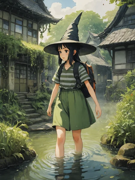 Score_9, score_8_up, score_7_up, score_6
(anime style:1.2, watercolor_effect, traditional media)
(high-resolution, detailed texture, atmosphere)
(award winning, stunning, masterpiece, best quality, vibrant, colorful, absurdres)
green theme, outdoors, house, bag, 1girl, 1boy, striped shirt, shorts, long skirt, vines and bushes, backpack, witch hat, black hair, grass, wading in a mossy pond, swamp, houses in background, asian architecture
(natural light, light particles) (whimsical, magical, detailed image, high resolution, 5k resolution)
 <lora:Simlish-000007 (1):1.2>  <lora:Anime Summer Days 2 Style SDXL_LoRA_Pony Diffusion V6 XL:0.8>