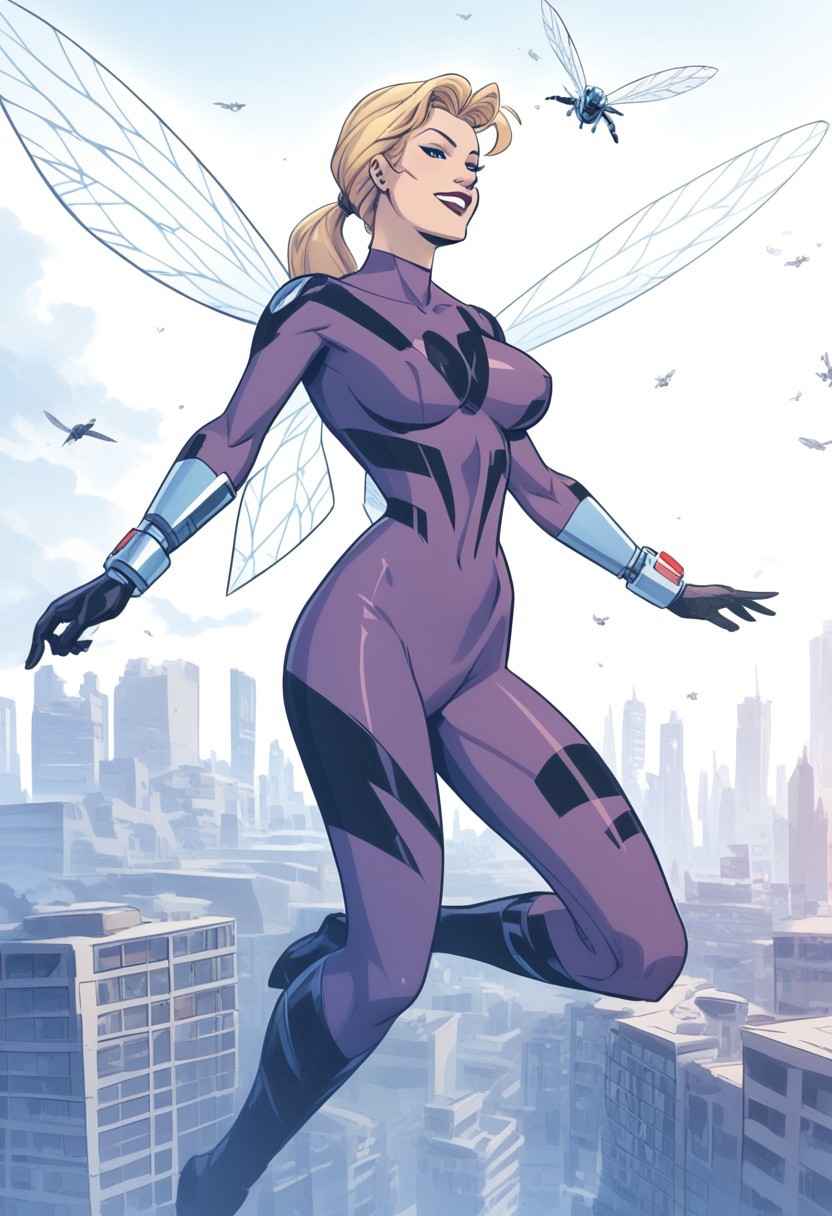 T1mmStyl3,,score_9, score_8_up, score_7_up, score_6_up, masterpiece, best quality, <lora:Cassie_Lang_-_Marvel_Comics_Pony:1> 1girl, st1nger, bodysuit, blonde hair, ponytail,  zPDXL3, zPDXLxxx, <lora:easynegative:1>  solo, large breasts,massive insect wings,  city,daytime,flying,straight legs