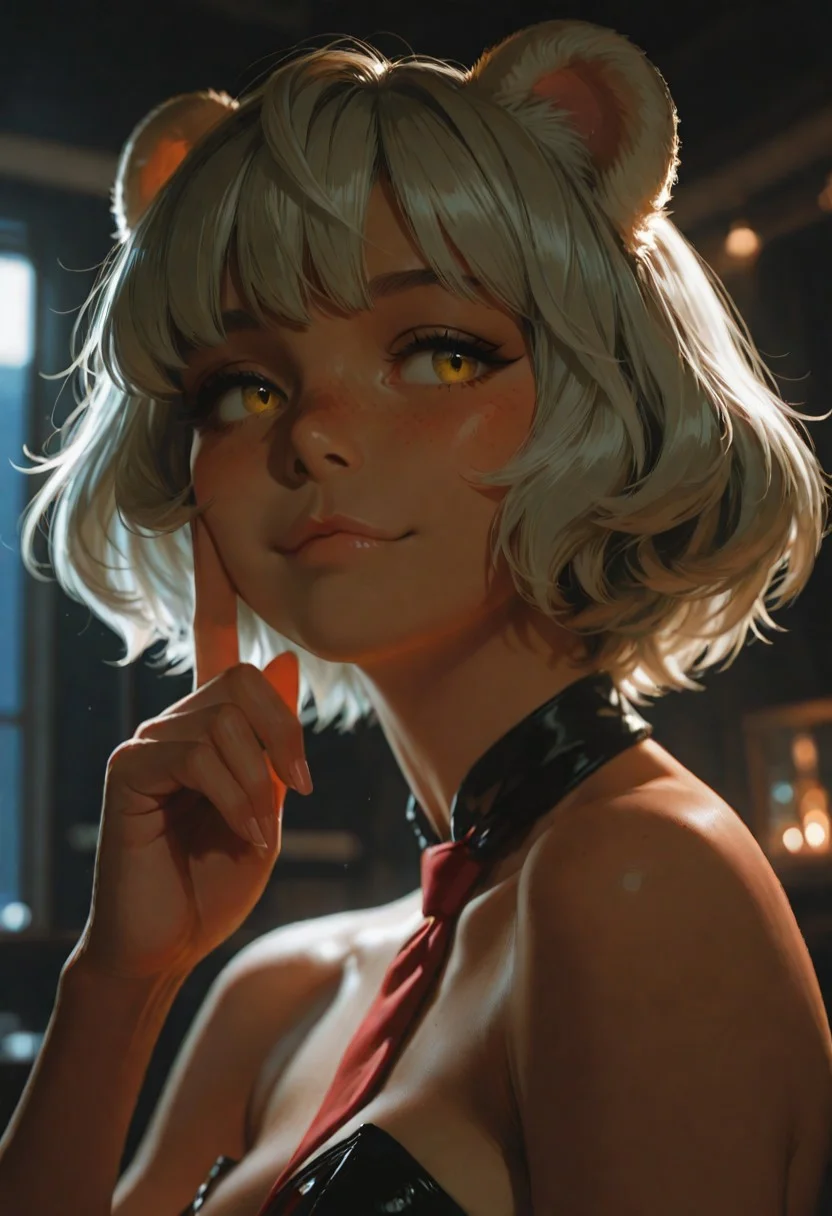 masterpiece, ultra-HD, cinematic lighting, photorealistic, impressionism (1.5), high detail, depth of field, (blurred background), (dramatic lighting),masterpiece, best quality, very aesthetic,8k,masterpiece, best quality,realistic, masterpiece, best quality, 8k, (simple_background:0.5), 
solo, 1girl, KPB-Illu,cute, medium breasts, short hair, silver hair, dark tanned skin, gold eyes, bear ears, leotard, red tie, portrait, freckles, :3 expression, finger on cheek, happy