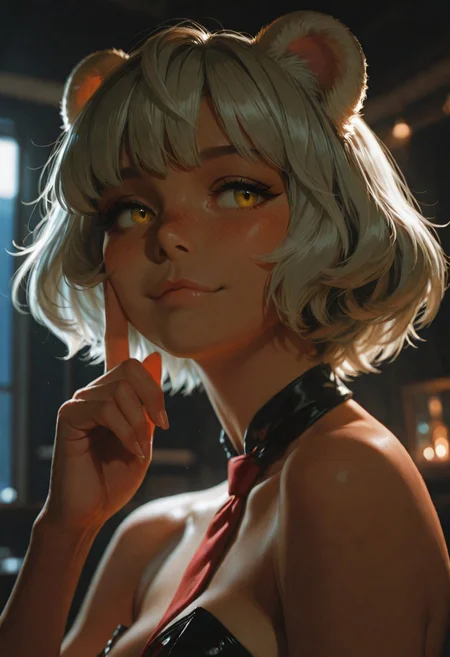 masterpiece, ultra-HD, cinematic lighting, photorealistic, impressionism (1.5), high detail, depth of field, (blurred background), (dramatic lighting),masterpiece, best quality, very aesthetic,8k,masterpiece, best quality,realistic, masterpiece, best quality, 8k, (simple_background:0.5),
solo, 1girl, KPB-Illu,cute, medium breasts, short hair, silver hair, dark tanned skin, gold eyes, bear ears, leotard, red tie, portrait, freckles, :3 expression, finger on cheek, happy