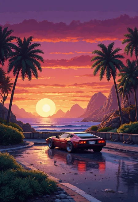 pixel art, photoshoot near the ocean at sunset near a 90s car