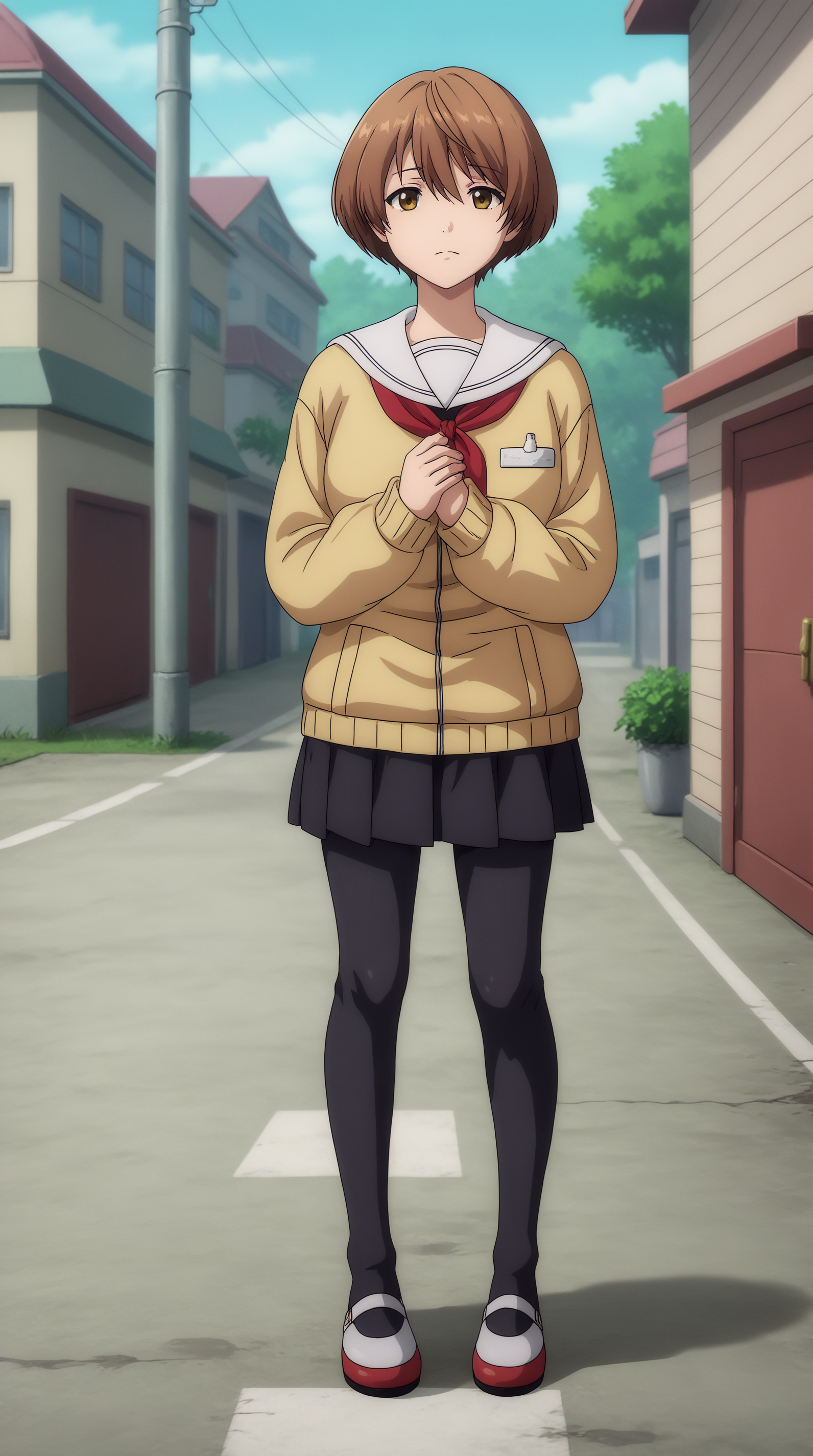 score_9, score_8_up, score_7_up, best background, detailed background, 4k, upscale, anime_source,  Yutori kokorogi, Main Outfit, solo, looking at viewer, outdoors, closed mouth, standing, full body,   <lora:JN_Yutori_kokorogi_Pony:0.8>