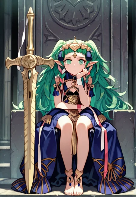 masterpiece, best quality, amazing quality, very aesthetic, absurdres, newest, detailed background,
sothis, 1girl, ribbon braid, throne, green hair, long hair, weapon, solo, braid, green eyes, sword, pointy ears, barefoot, tiara, twin braids, jewelry, sitting, ribbon, hair ribbon, anklet, side braid, very long hair, closed mouth, hair ornament, dress, holding sword, holding weapon, holding, looking at viewer
<lora:Sothis_-_Fire_Emblem_Three_Houses:1>, masterpiece, best quality, amazing quality, very aesthetic, absurdres, newest,