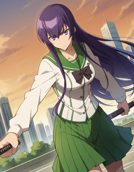 score_9, score_8_up, score_7_up, source_anime,
saekobusujima, <lora:saeko-busujima-ponyxl-lora-nochekaiser:1>,
saeko busujima, long hair, purple hair, purple eyes, hair between eyes,
skirt, long sleeves, bow, school uniform, serafuku, green skirt,
outdoors, cityscape, zombies, orange sky,
looking at viewer, dutch angle, fighting stance, sword, weapon, holding weapon, shouting,