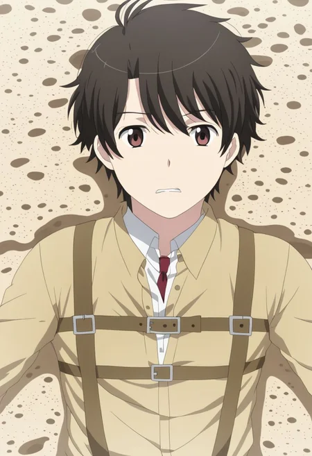 high resolution, solo, best quality, 1Boy, Inaho Kaizuka, Black Hair, Brown Eyes, panic, trapped, quicksand, dying, OverallDetail