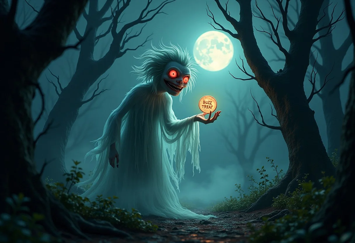a hauntingly atmospheric scene in a dark, eerie forest at night. The trees are tall and twisted, their branches reaching out like skeletal hands. A thick mist rolls through the underbrush, partially obscuring the ground. In the center of the scene, a ghostly figure emerges from the shadows. This ghost has a translucent, flowing form that shimmers with an otherworldly glow, giving it a spectral presence. Its facial features are distorted, with wild, unruly hair that seems to float around its head, enhancing its chaotic aura.
The ghost's eyes are a vivid, glowing red, piercing through the darkness and emanating an unsettling energy. As it hovers slightly above the ground, its expression is both mischievous and menacing, capturing a sense of madness in its gaze. The ghost is holding out a shimmering, ethereal coin labeled "Buzz or Treat," which looks like a currency made of light and shadow. The coin glows faintly, casting a soft light that contrasts with the surrounding darkness.
In the background, twisted vines and overgrown foliage add to the wild mood of the scene, while faint whispers and ghostly echoes seem to linger in the air. A full moon hangs high in the sky, casting an eerie glow over the forest and illuminating the ghost's form. The atmosphere is charged with an unsettling energy, inviting viewers to question the nature of this ghostly figure and its strange proposition.