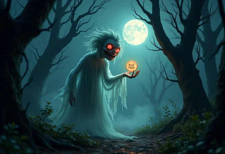 a hauntingly atmospheric scene in a dark, eerie forest at night. The trees are tall and twisted, their branches reaching out like skeletal hands. A thick mist rolls through the underbrush, partially obscuring the ground. In the center of the scene, a ghostly figure emerges from the shadows. This ghost has a translucent, flowing form that shimmers with an otherworldly glow, giving it a spectral presence. Its facial features are distorted, with wild, unruly hair that seems to float around its head, enhancing its chaotic aura.
The ghost's eyes are a vivid, glowing red, piercing through the darkness and emanating an unsettling energy. As it hovers slightly above the ground, its expression is both mischievous and menacing, capturing a sense of madness in its gaze. The ghost is holding out a shimmering, ethereal coin labeled "Buzz or Treat," which looks like a currency made of light and shadow. The coin glows faintly, casting a soft light that contrasts with the surrounding darkness.
In the background, twisted vines and overgrown foliage add to the wild mood of the scene, while faint whispers and ghostly echoes seem to linger in the air. A full moon hangs high in the sky, casting an eerie glow over the forest and illuminating the ghost's form. The atmosphere is charged with an unsettling energy, inviting viewers to question the nature of this ghostly figure and its strange proposition.