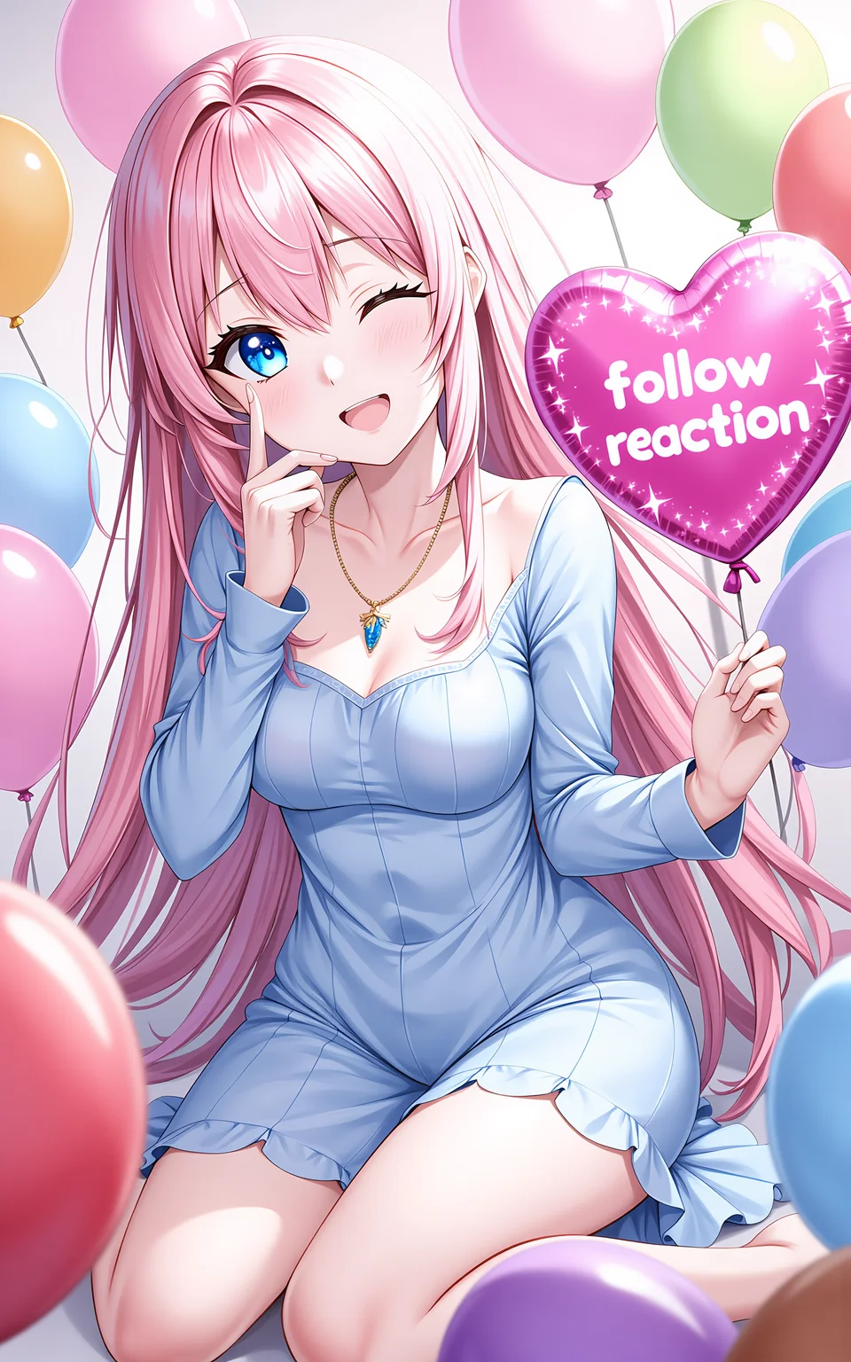 A pink long-haired girl wearing a spring-style long-sleeved blue dress,surrounded by colorful balloons in various shapes and hues,sitting casually,cheerfully extending one hand toward the camera holding a heart-shaped balloon,the balloon has glowing letters âfollow reactionâ written on it,one eye closed in a playful wink,joyful expression,heart-shaped sparkle overlay,dreamy saturated lighting from below,stylized shading,fantasy-inspired color tones.,<lora:hakaseayaka-base-02-flux:0.7>,hakaseayaka,blue eyes,long pink hair,anime-style,