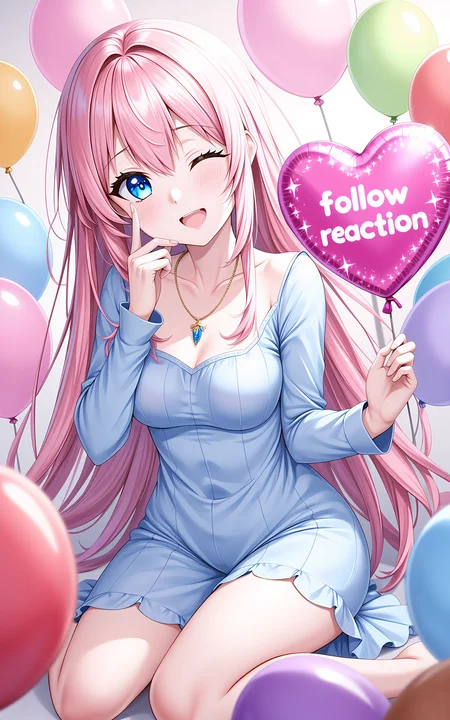 A pink long-haired girl wearing a spring-style long-sleeved blue dress,surrounded by colorful balloons in various shapes and hues,sitting casually,cheerfully extending one hand toward the camera holding a heart-shaped balloon,the balloon has glowing letters âfollow reactionâ written on it,one eye closed in a playful wink,joyful expression,heart-shaped sparkle overlay,dreamy saturated lighting from below,stylized shading,fantasy-inspired color tones.,<lora:hakaseayaka-base-02-flux:0.7>,hakaseayaka,blue eyes,long pink hair,anime-style,
