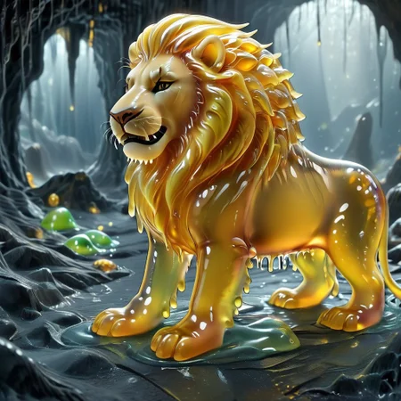 a sl1m3d lion in a  slime-morph cave
