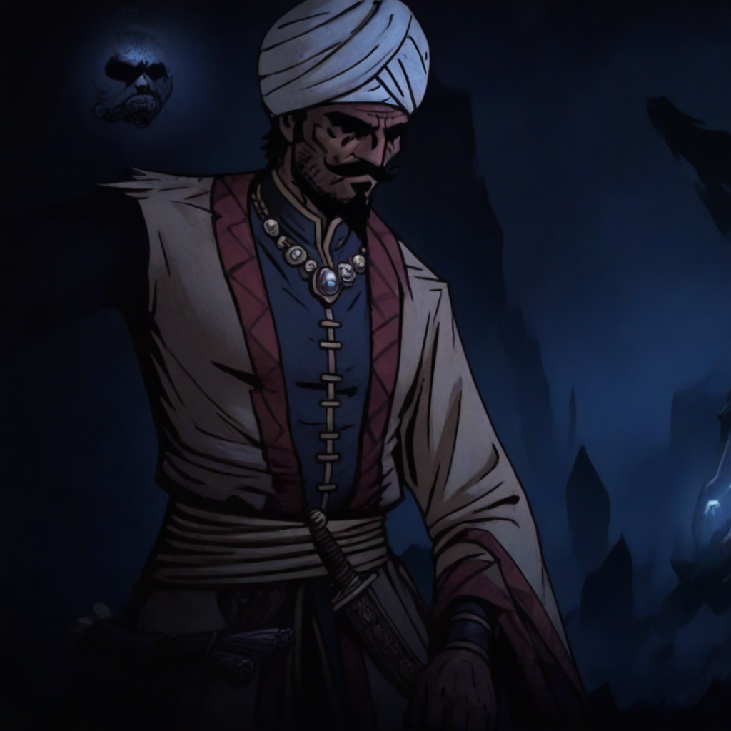 masterpiece, best quality, newest, absurdres, highres, anime, anime style, DDOCC-V1.1, turban, headgear, facial hair, mustache, short hair, beard, arabian, arabian male, black eyes, shaded eyes,