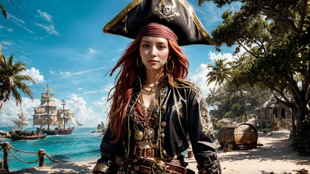 (young redhead pirate woman), (portrait), sharp focus, (ultradetailed), (standing), (happy) smile, pirate (ship galleon:1.2, hoop earrings, gold medallion, Carolina Bluepirate clothes, pirate hat, hips, (pirate parrot:1.2), pirate (village), leafy beach coast, (treasure chest with coins, gems and jewels:1.2), rum barrel, best quality masterpiece, bright sunny sky, backlight, natural lights, high contrast, hdr, shadows, pretty, beautiful, feminine, sexy, adorable, lovely, in love, (PirateDiffusionprt:0.5), <lora:Pirate:0.3> PrateT <lora:PirateRealms:0.3> <lora:Detail Tweaker LoRA add_detail:0.8> <lora:depth_of_field_slider_v1:5> <lora:SDXLrender_v2.0:0.9>