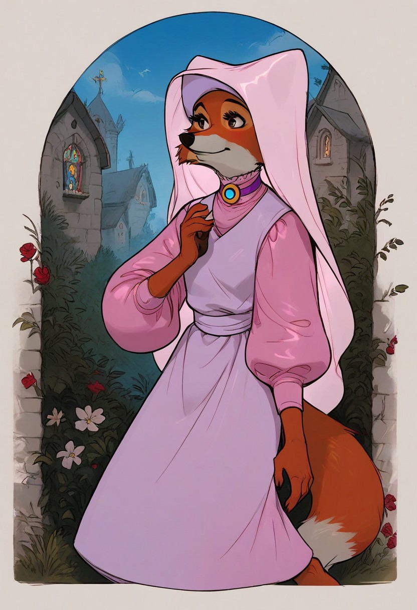 score_9, score_8_up, score_7_up, score_6_up, 1 anthro fox girl, Maid Marian, sexy face, cute face, blue eyes, hazel eyes shy , nose blush, medium boobs, chest up, grey fur, bald, fullbody, (medieval church background:1,2), 3/4 side view, full body view, BREAK, 1boy, Robin Hood, anthro fox, male, BREAK, Robin Hood kises MAid Marian