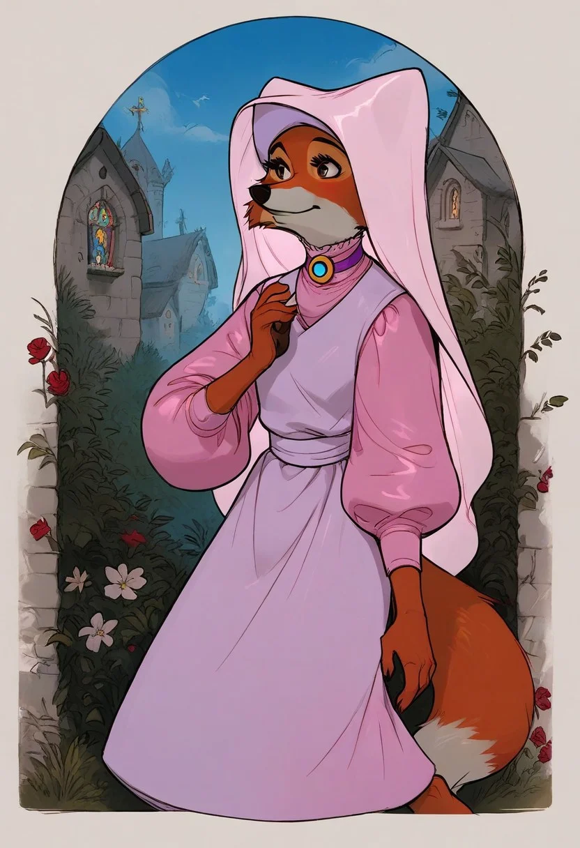 score_9, score_8_up, score_7_up, score_6_up, 1 anthro fox girl, Maid Marian, sexy face, cute face, blue eyes, hazel eyes shy , nose blush, medium boobs, chest up, grey fur, bald, fullbody, (medieval church background:1,2), 3/4 side view, full body view, BREAK, 1boy, Robin Hood, anthro fox, male, BREAK, Robin Hood kises MAid Marian