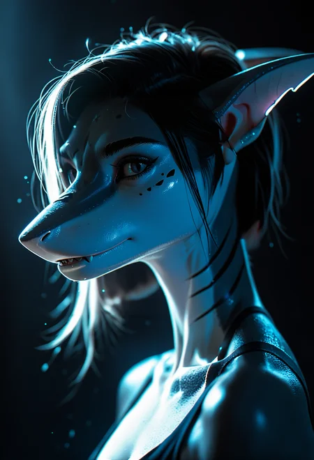 score_9, score_8_up, score_7_up, score_6_up, score_5_up, score_4_up, source_furry, beautiful female anthro shark portrait, dramatic lighting, dark background