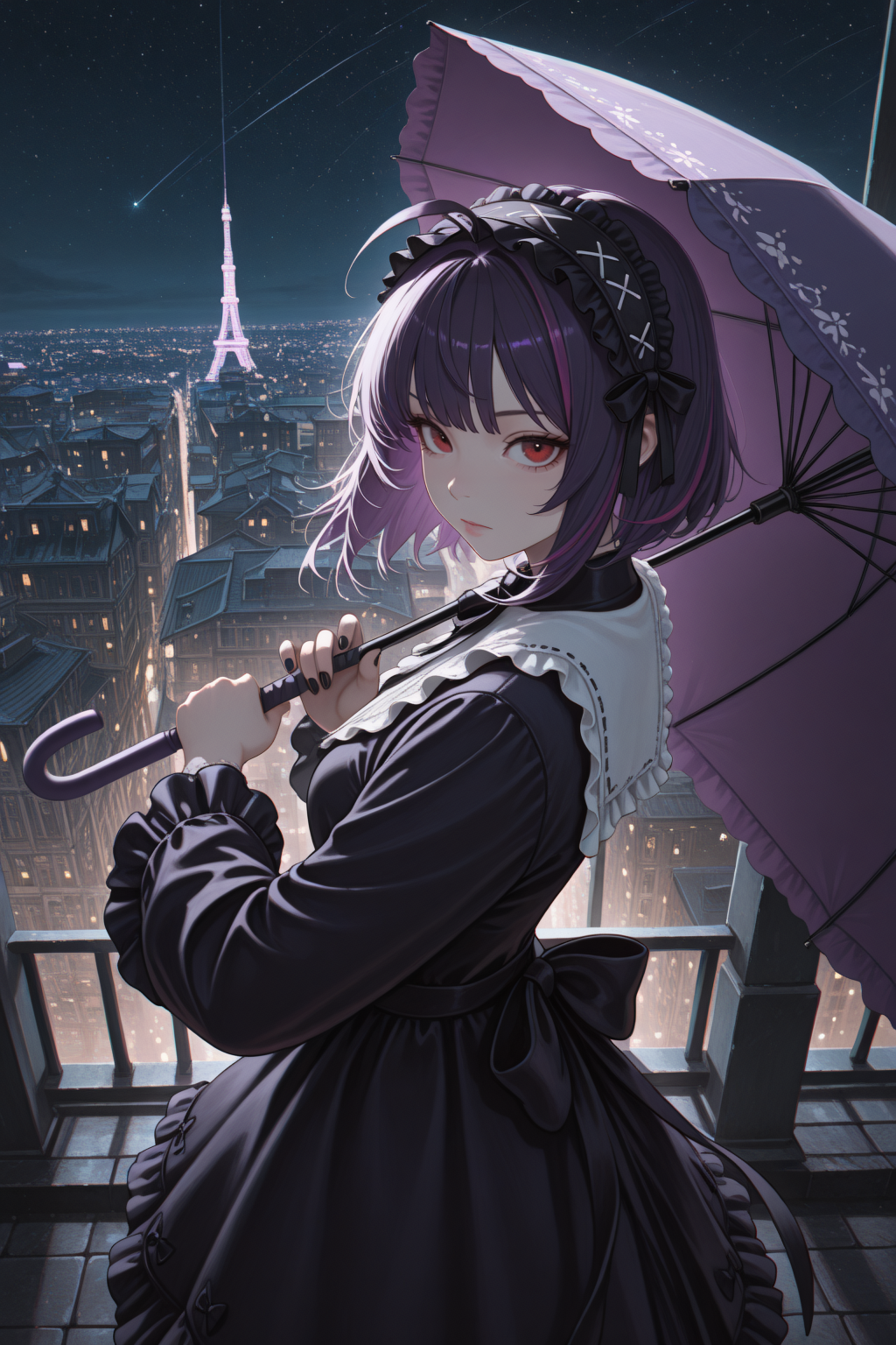 embedding:lazypos, 1girl,vivianZzz,
dress,from side,open stance,red eyes,ahoge,streaked hair,black hairband,frilled hairband,purple hair,hair bow,nail polish,black nails,
ready to draw,purple umbrella,iai,fighting stance,looking at viewer,
outdoors,cityscape,night,starry_sky,
foreshortening,chromatic aberration,
safe <lora:TrendCraft_The_Peoples_Style_Detailer-v1.0A-3_13_2025-illustrious:0.2>