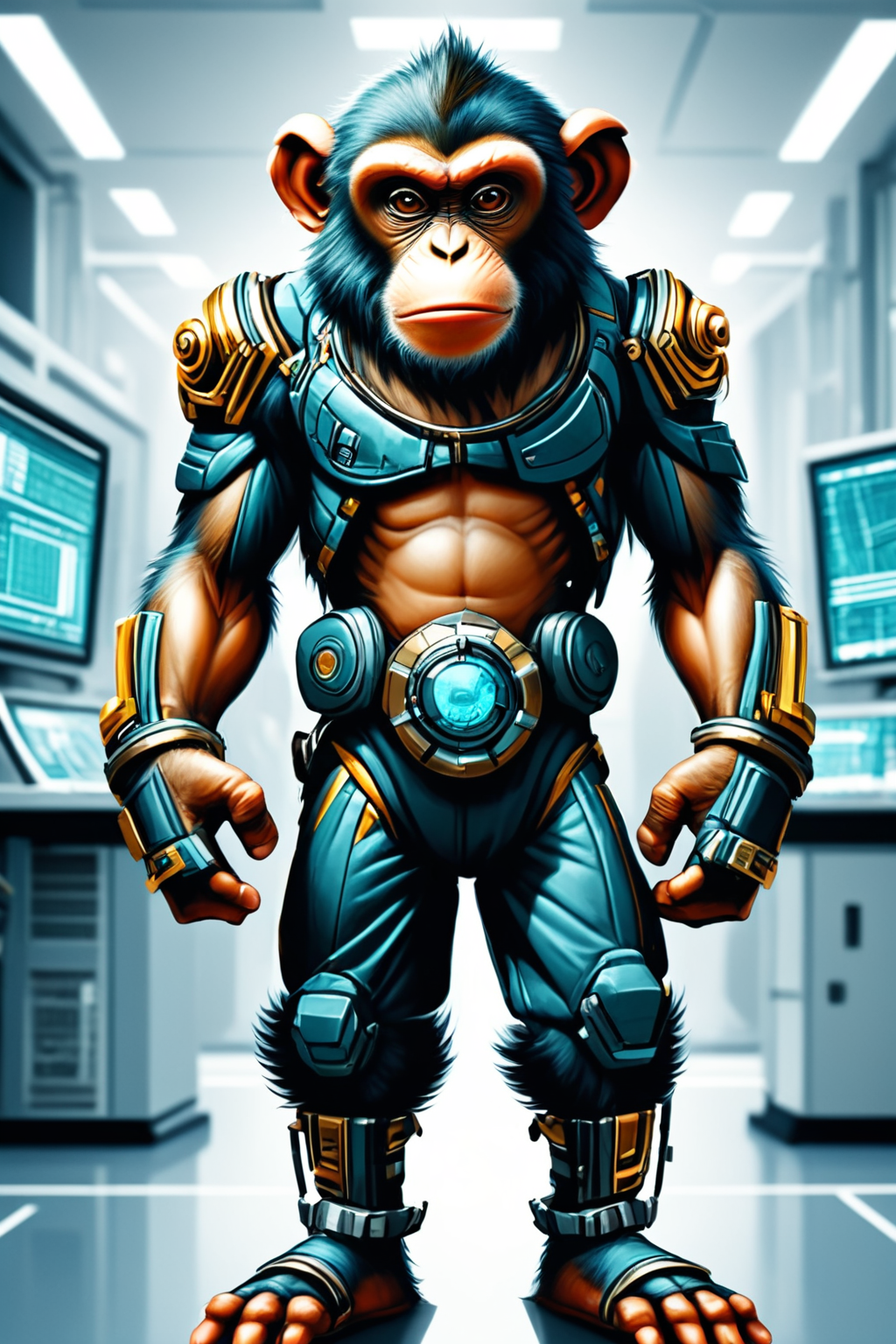Detailed digital illustration of an anthro Monkey (Hand on hip, asserting stance) at a Megacorporation research facility with high-tech security, <lora:xl_more_art-full_v1:0.5>,  <lora:anthro_muscular:0.7>,  <lora:MJ52:0.6>, <lora:madpunk:0.4> madpunk