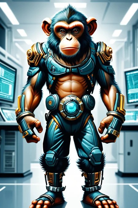 Detailed digital illustration of an anthro Monkey (Hand on hip, asserting stance) at a Megacorporation research facility with high-tech security, <lora:xl_more_art-full_v1:0.5>,  <lora:anthro_muscular:0.7>,  <lora:MJ52:0.6>, <lora:madpunk:0.4> madpunk