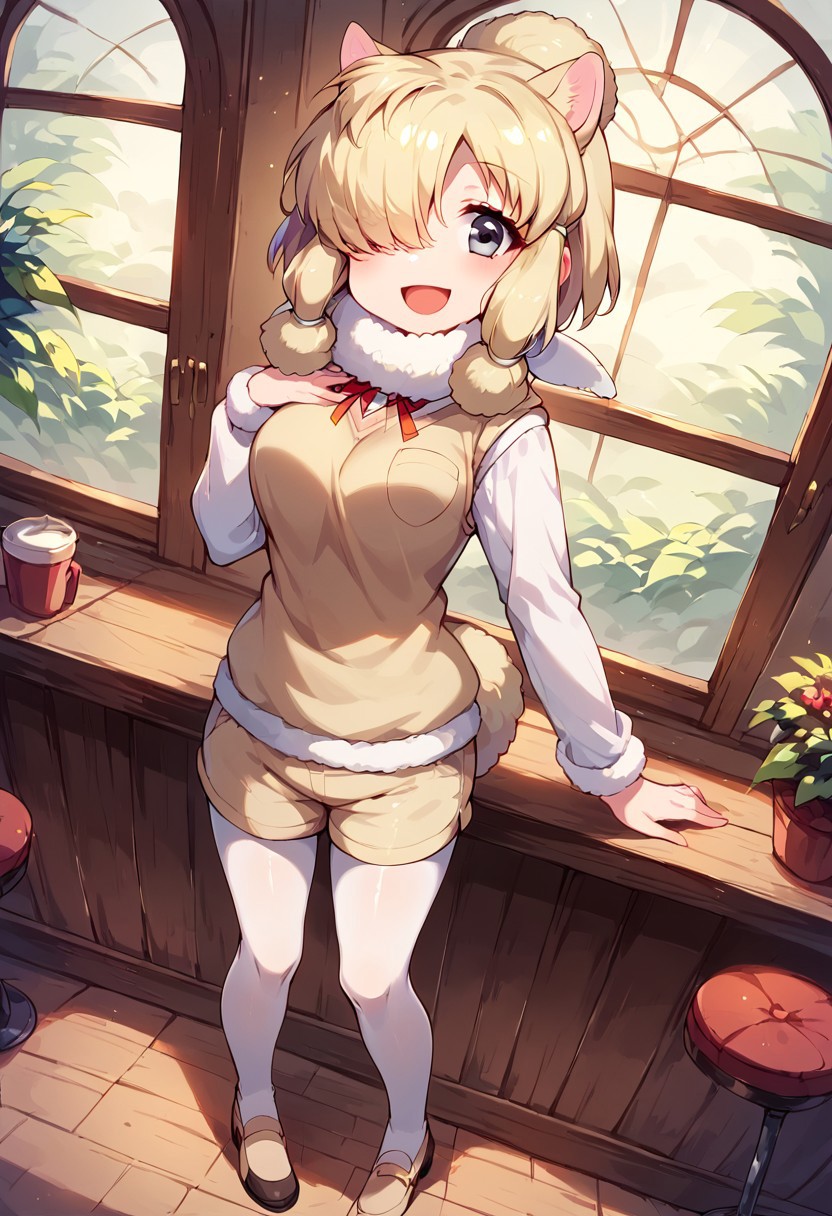1girl, ((solo)), best quality, ultra-detailed, extremely detailed, perfect anatomy, masterpiece, score_9, score_8_up, score_7_up, Expressiveh, alpaca suri (kemono friends), alpaca ears, hair over one eye, bangs, blonde hair, grey eyes, sidelocks, hair tubes, hair bun, tail, short hair, horizontal pupils, fur scarf, white pantyhose, long sleeves, fur collar, fur trim, neck ribbon, white shirt, sweater vest, shorts, pantyhose, breast pocket, fur-trimmed sleeves, shoes, standing, open mouth smile, smile, cute, full body, cafe background, in a cafe, indoors, window with light, countertop, tables, chairs, dutch angle, full-length portrait, happy, looking at viewer, standing,