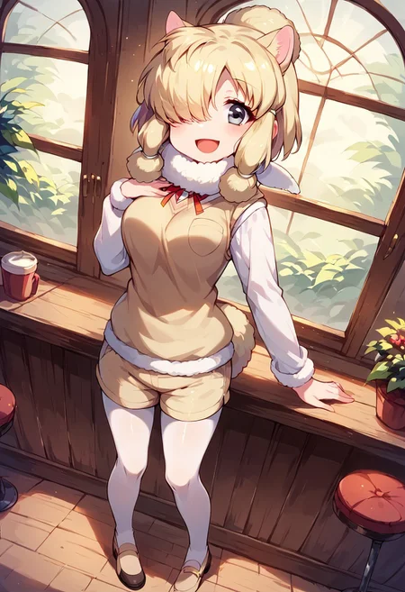 1girl, ((solo)), best quality, ultra-detailed, extremely detailed, perfect anatomy, masterpiece, score_9, score_8_up, score_7_up, Expressiveh, alpaca suri (kemono friends), alpaca ears, hair over one eye, bangs, blonde hair, grey eyes, sidelocks, hair tubes, hair bun, tail, short hair, horizontal pupils, fur scarf, white pantyhose, long sleeves, fur collar, fur trim, neck ribbon, white shirt, sweater vest, shorts, pantyhose, breast pocket, fur-trimmed sleeves, shoes, standing, open mouth smile, smile, cute, full body, cafe background, in a cafe, indoors, window with light, countertop, tables, chairs, dutch angle, full-length portrait, happy, looking at viewer, standing,