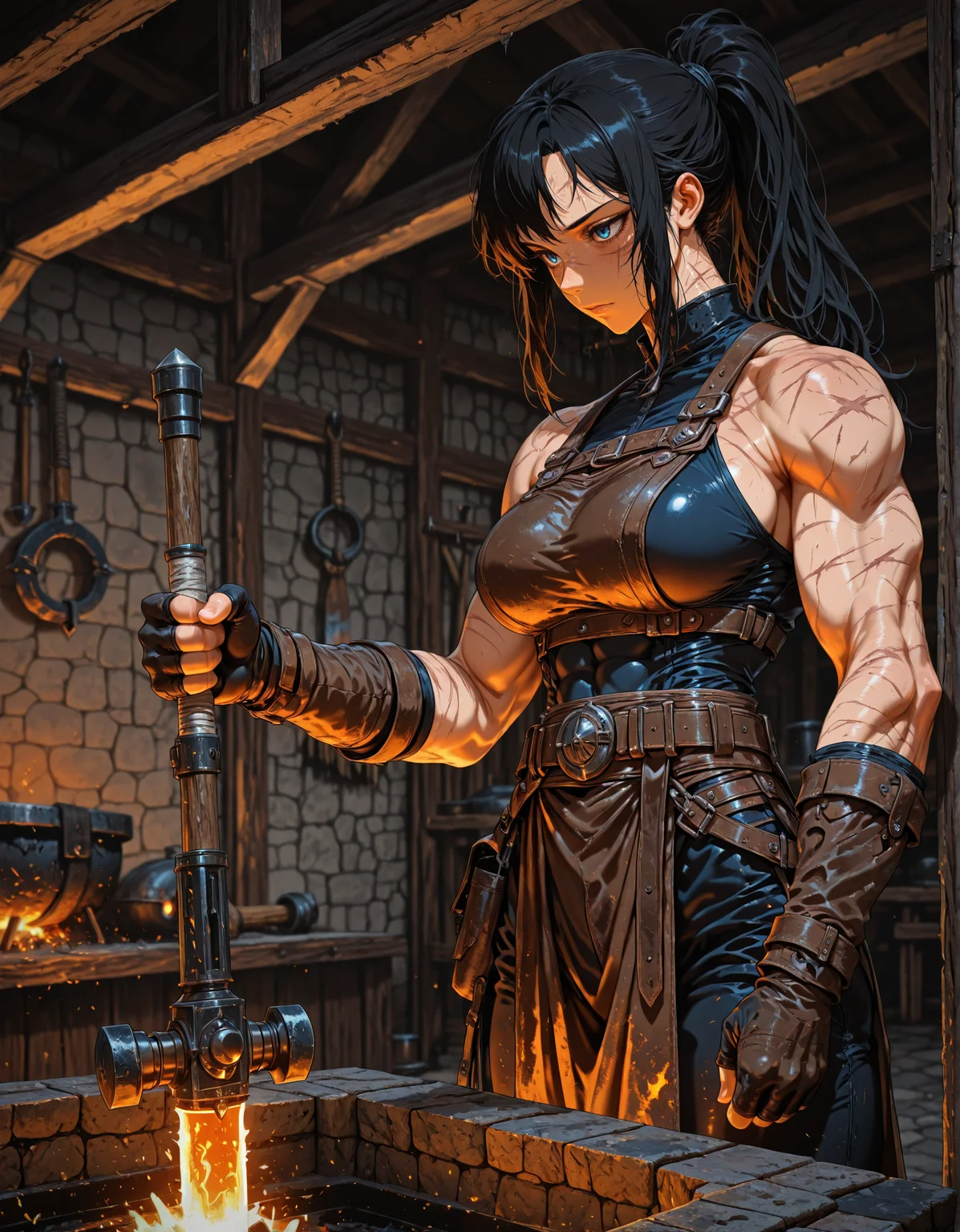 masterpiece, best quality,high quality, newest, highres,8K,HDR,absurdres, 1girl, solo, blacksmith, fit, toned, ponytail hairstyle, black hair long hair, blue eyes, scars, leather apron, holding a hammer, in a forge, detailed background, <lora:iLLMythM4gicalL1nes:1> M4gicalL1nes