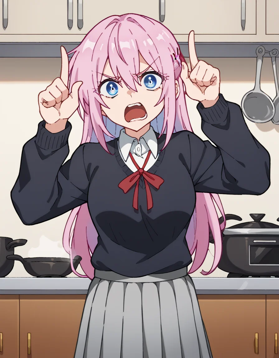 score_9, score_8_up, score_7_up, source_anime, <lora:miyako-shikimori-s1-ponyxl-lora-nochekaiser:1>, miyako shikimori, long hair, blue eyes, hair between eyes, pink hair, medium breasts,, skirt, shirt, school uniform, white shirt, pleated skirt, collared shirt, sweater, grey skirt, ribbon, red ribbon, black sweater,, kitchen, stove, fridge, utensils, chef, , <lora:horns-pose-ponyxl-lora-nochekaiser:1>, horns pose, index fingers raised, angry, steam, open mouth, shouting, anger vein,, looking at viewer, solo,, dutch angle, cowboy shot