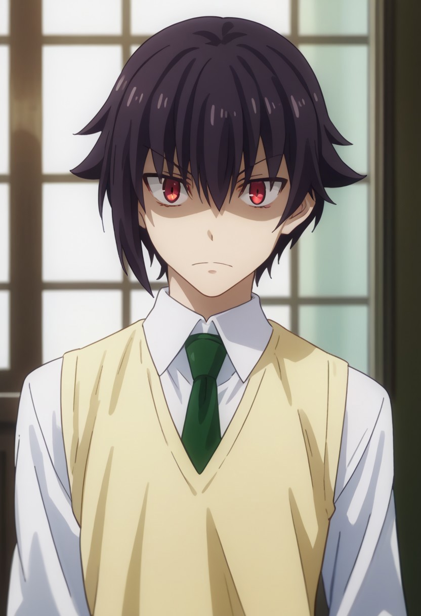 score_9, score_7_up, source_anime 
gekkou, 1boy, male focus, solo, red eyes, black hair, hair between eyes, school uniform, shirt, white shirt, collared shirt, necktie, green necktie, sweater vest, shaded face, evil,
indoor,