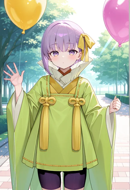 1girl, solo, holding balloon, outdoors, park, sunlight, waving, very short hair, single sidelock, purple hair, purple eyes, ribbon, high collar, japanese clothes, long sleeves, wide sleeves, bike shorts <lora:Kazuradrop_Illus:1>, masterpiece, best quality, amazing quality, very aesthetic, absurdres, highres, newest