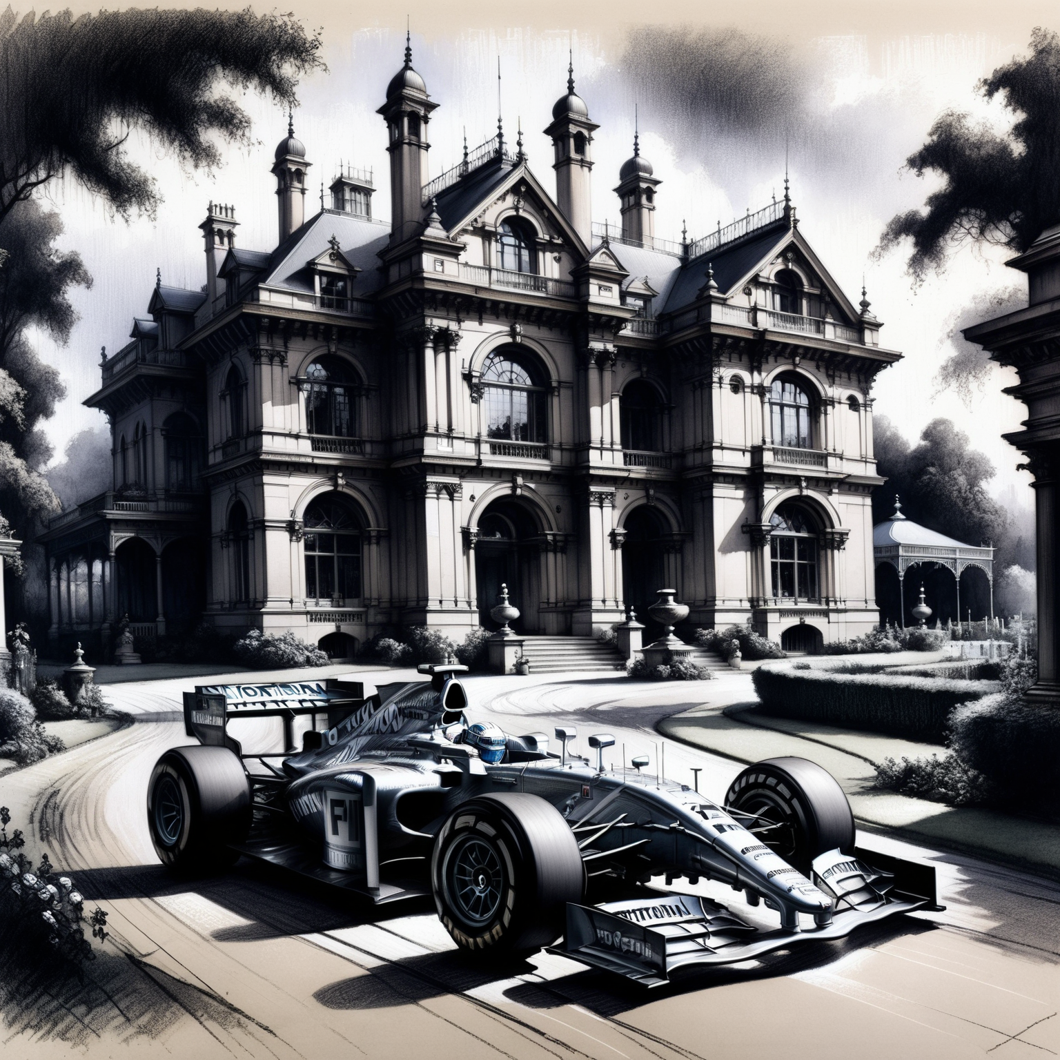 A modern F1 race car surrounded by a Victorian setting <lora:Renaissance_style:1.0>, <lora:EnvyBetterHiresFixXL01:0:hr=1>