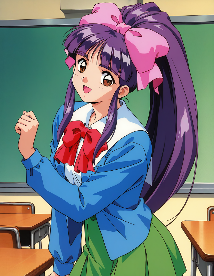 general,highres, ultra-detailed,very aesthetic,best quality ,best hands,  BREAK <lora:Midou_Miko_IS:1> Midou_Miko, 1girl,solo, pink bow, purple hair, long hair,hair ribbon, brown eyes, ponytail, bangs, 1990s (style), anime coloring,
 bow,  light green skirt, white shirt, dark blue jacket, smile,looking at viewer, cowboy_Shot,
school uniform, smile, 1990s (style), open mouth, long sleeves,  red bow,
class room,