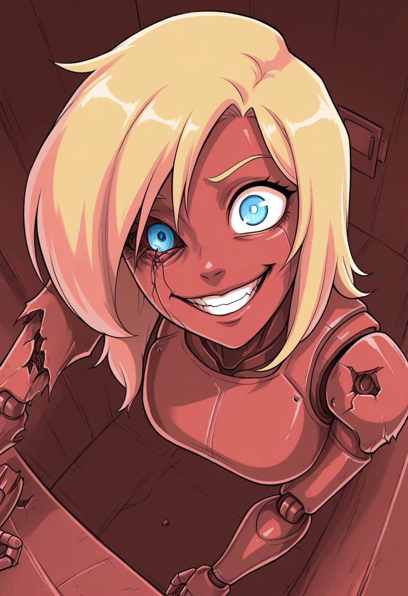 Ellie Buckingham, ((Bright Blond hair)), Blond Hair, Blond Bright blue eyes. Western Style Artwork. Bold Lines, 
high detail, high res, detailed eyes
masterpiece, good quality, best quality, robot girl, missing eye, crazy, creepy, horror, grin, 1girl, broken, R3troCRTGr33n, monochrome,security footage,red theme, framed, from above, from angle, hanging jaw, headtilt, damaged robot, missing arm