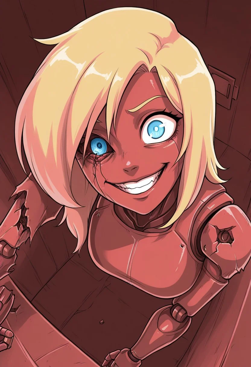 Ellie Buckingham, ((Bright Blond hair)), Blond Hair, Blond Bright blue eyes. Western Style Artwork. Bold Lines,
high detail, high res, detailed eyes
masterpiece, good quality, best quality, robot girl, missing eye, crazy, creepy, horror, grin, 1girl, broken, R3troCRTGr33n, monochrome,security footage,red theme, framed, from above, from angle, hanging jaw, headtilt, damaged robot, missing arm