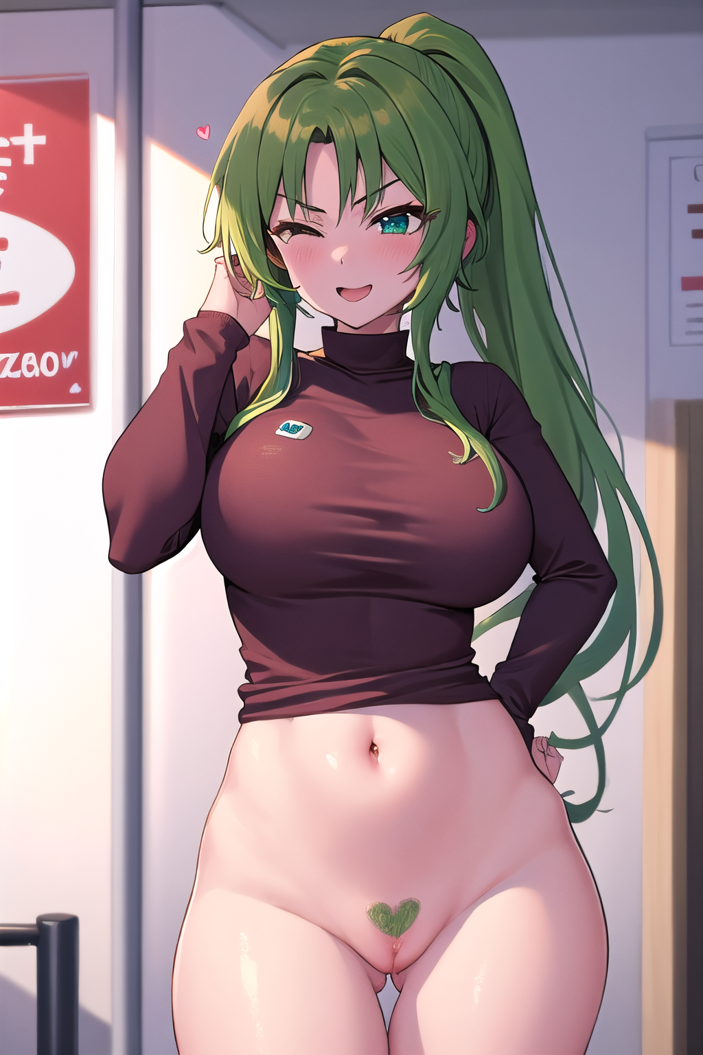 masterpiece, best quality, ultra-high-detailed, 1girl, heart-shaped pubic hair, public hair,  Mion Sonozaki, green hair, green eyes, ponytail, pussy