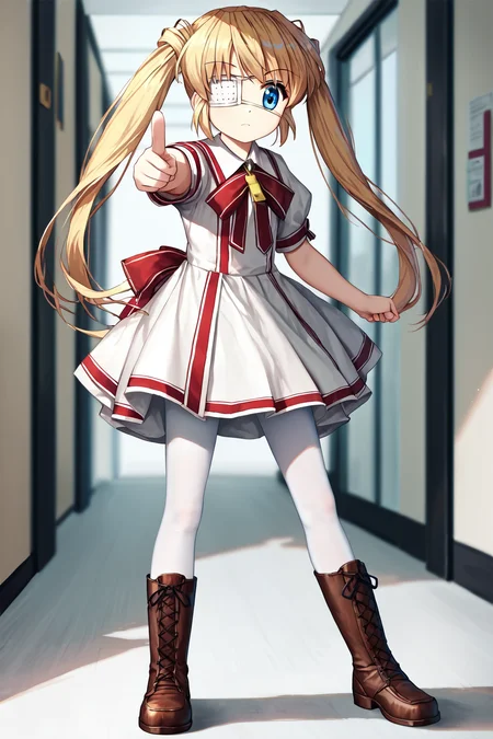 score_9, score_8_up, score_7_up, score_6_up, rating_safe, source_anime, best quality, masterpiece, detailed eyes, detailed background, school hallway, (blowing a whistle), furrowed eyebrows, pointing, <lora:nakatsu-shizuru-xl-03:1>, nakatsu shizuru, medical eyepatch, rewrite uniform, white tights, brown boots, long odango twintails, blue eye,