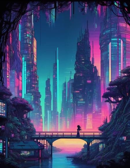 glitch art, glitches, artifacts, anime style, 90s anime, retro, pixels, flat colors, line art, silhouette, side view, young woman, shorter black hair, large breasts, large nipples, standing at the window, overlooking a endless sci-fi city, gigantic futuristic buildings, overgrown, vines, gigantic trees, fantasy creatures, colorful vegetation, flooded, waterfalls, bridges, colorful neon lights, sunset, fog, moons, chromatic aberration, heavy film grain