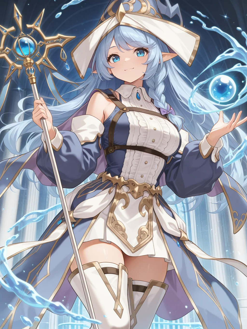 water enchantress of the temple, blue witch hat, witch dress, blue detached sleeves, white thighhighs, 1girl, solo, staff, holding staff, smile, looking at viewer, magic, closed mouth
masterpiece,best quality,amazing quality,very aesthetic,absurdres,newest,<lora:Water Enchantress of the temple illuXL v1.1:0.7>,
