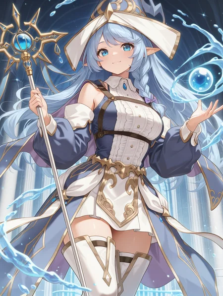 water enchantress of the temple, blue witch hat, witch dress, blue detached sleeves, white thighhighs, 1girl, solo, staff, holding staff, smile, looking at viewer, magic, closed mouth
masterpiece,best quality,amazing quality,very aesthetic,absurdres,newest,<lora:Water Enchantress of the temple illuXL v1.1:0.7>,
