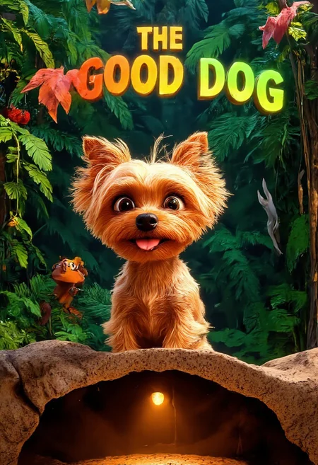 The image shows a vibrant, animated movie poster inspired by the whimsical style of a Pixar film, with a charming Yorkshire Terrier named Allab taking center stage. Allab, with her soft, golden fur and twinkling, expressive eyes, is depicted in a playful stance, ready to strike a pose. Instead of barking, she's wearing a mischievous grin, with her tiny, pink tongue peeking out. Behind her, a lush, verdant jungle unfurls, teeming with life - colorful birds, curious monkeys, and even a friendly, winking frog peeking from behind a giant leaf. The title, "The Good Dog," is written in bold, playful letters, reminiscent of Pixar's iconic typography, arching over Allab like a rainbow, with each letter subtly animated, as if wagging with life. Below, a warm, inviting glow emanates from a cozy, earthen burrow, hinting at the heartwarming adventures and lessons Allab, our unlikely hero, is about to embark on.