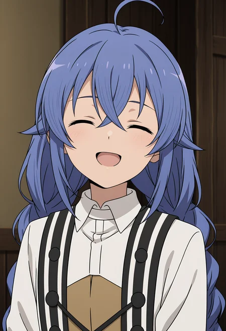 <lora:Roxy Migurdia Greyrat_illustrious-000026:1>,
Roxy Migurdia, solo, closed eyes, braid, shirt, twin braids, smile, white shirt, open mouth, crossed bangs, upper body, collared shirt, ^_^, :d, long sleeves, facing viewer, anime screencap