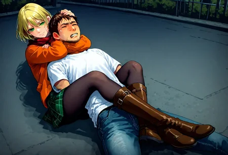 absurdres, masterpiece, best quality, newest, highres,  1girl, 1boy, femdom, ((ashgrahamley,blonde hair, short hair, green eyes, red scarf, orange jacket, orange sweater, green skirt, plaid skirt, black pantyhose, brown footwear, knee boots, soft smirk, mouth closed)),  ((1boy , brown hair, closed eyes , closed mouth,(white t shirt , jeans), stubble, slumber, sleep, unconscious, suffering, struggling, sad)), outdoors , street,  <lora:backchoke:0.9> back_chokehold, strangling, wrestling, submission hold,  ((lying on floor)), ((lying down)), ((back on floor)), asphyxiation, sleeperhold, ng_deepnegative_v1_75t , headlock, chokehold ,night, night time
