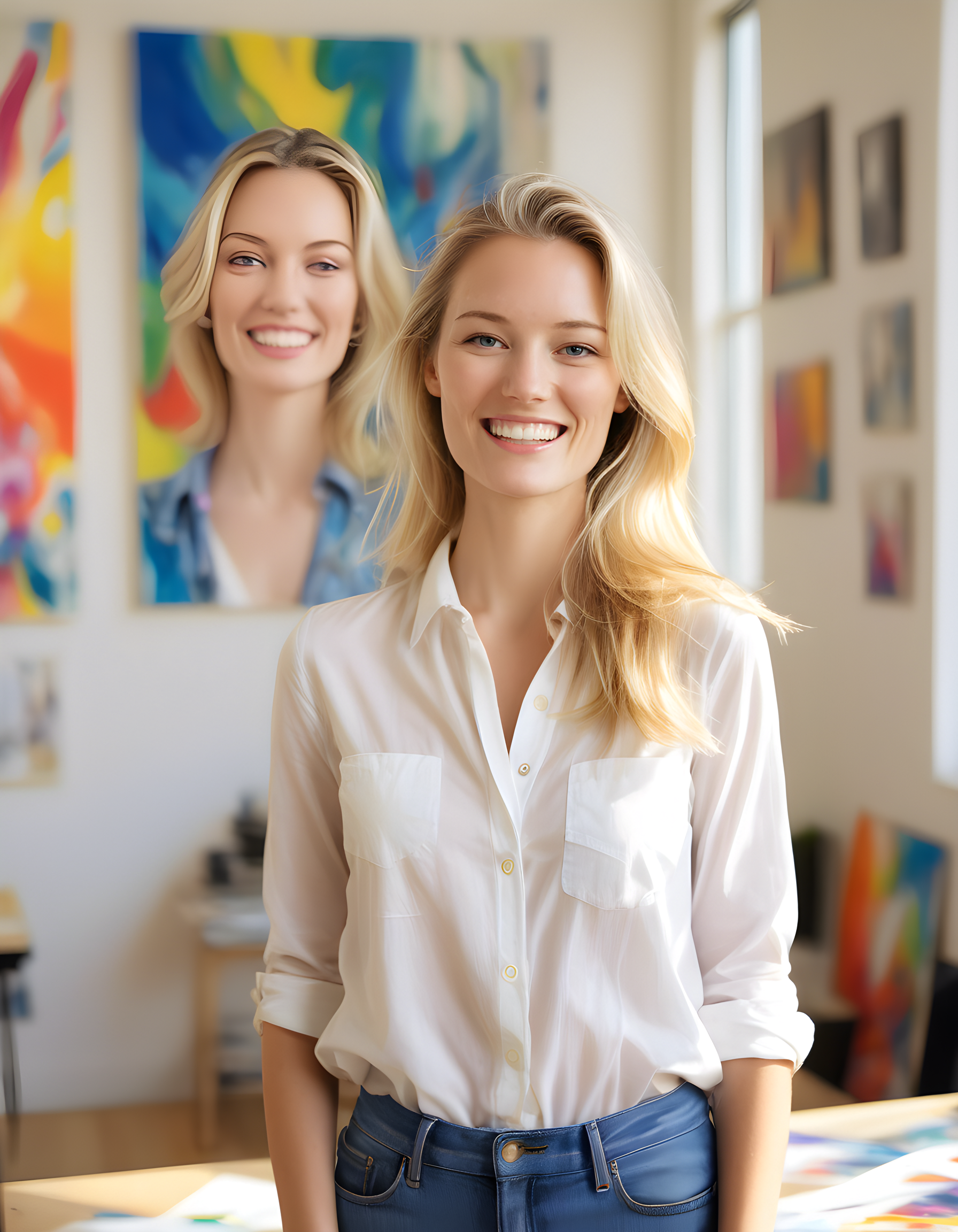 In a vibrant, sunlit artist's studio filled with colorful abstract canvases and soft natural light streaming through large windows, A5HL3YH stands confidently, her blonde hair cascading down her back, her eyes sparkling with intelligence and a hint of mischief as she flashes a radiant smile, revealing perfectly white teeth. She is wearing a stylish, fitted shirt that accentuates her feminine figure, her posture exuding an air of artistic creativity and self-assuredness. The studio's background is blurred by the shallow depth of field, focusing the viewer's attention solely on A5HL3YH, as she playfully meets the viewer's gaze with a sense of invitation and intrigue.